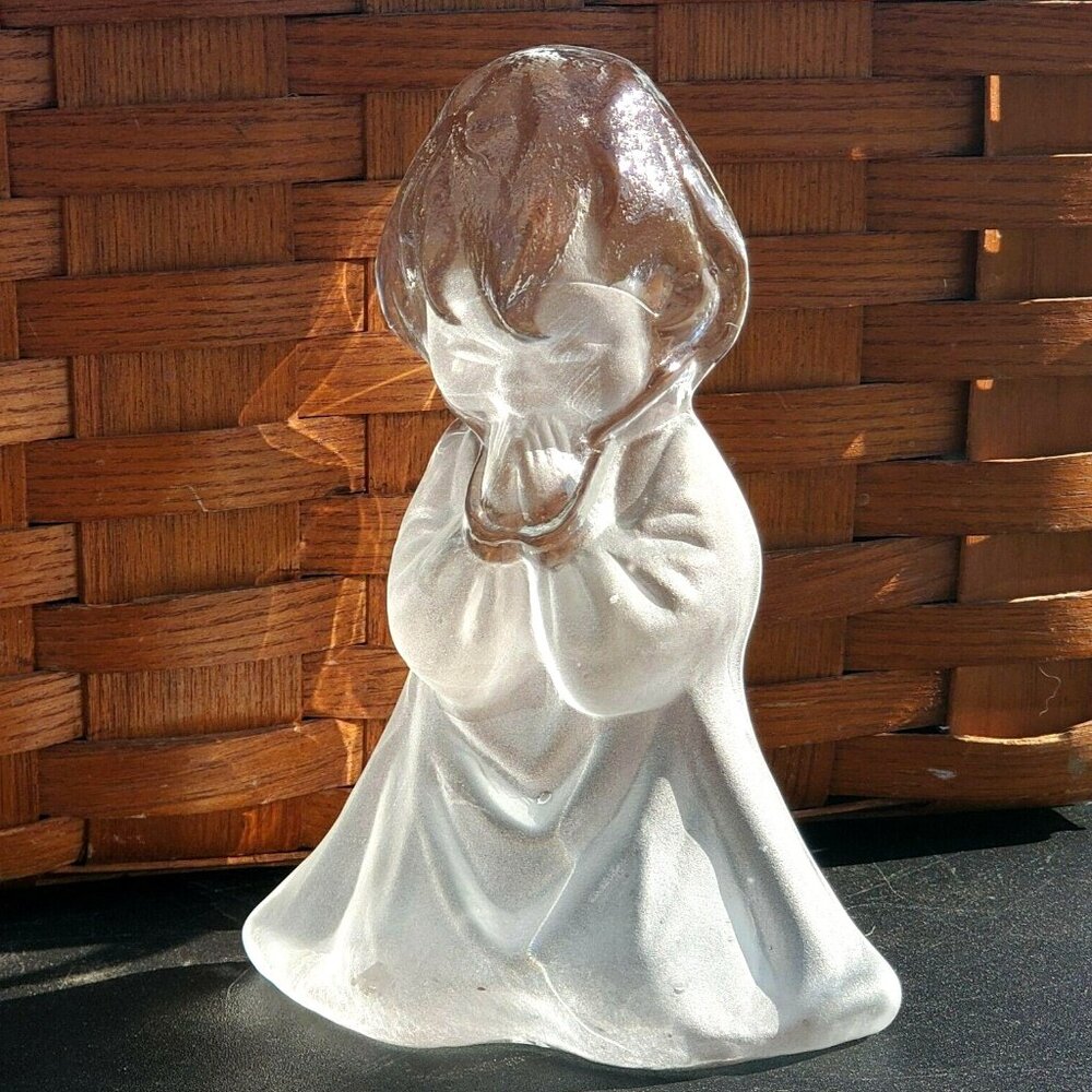 Praying Girl Figurine Bookend paper weight vintage Viking Glass frosted satin Ne